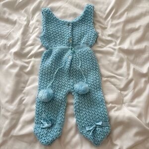 Vintage crochet baby footsie jumpsuit blue handmade 12-18 months unisex